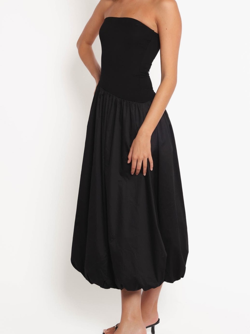 Petal & Pup Strapless Black Balloon Midi Dress
